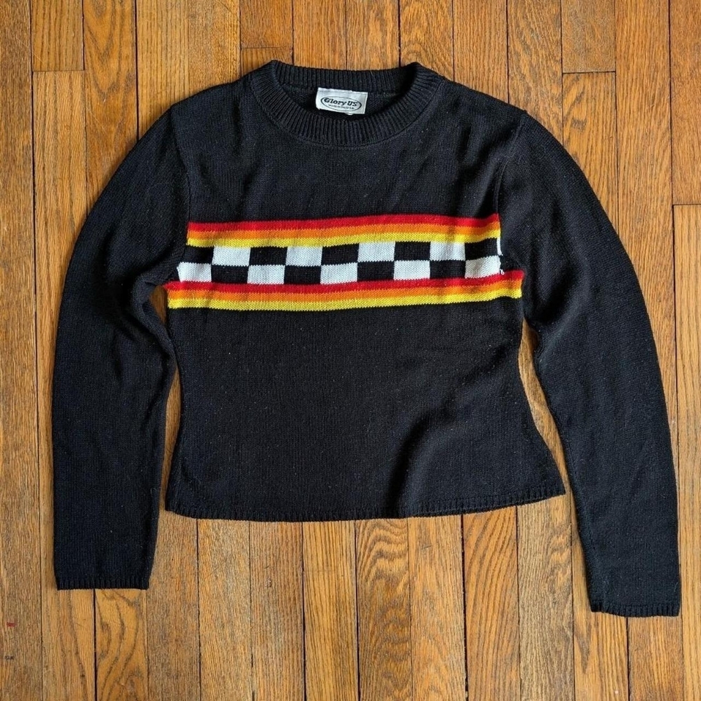Vintage 90's Racing Stripes Checker Pattern Knit Crewneck Sweater